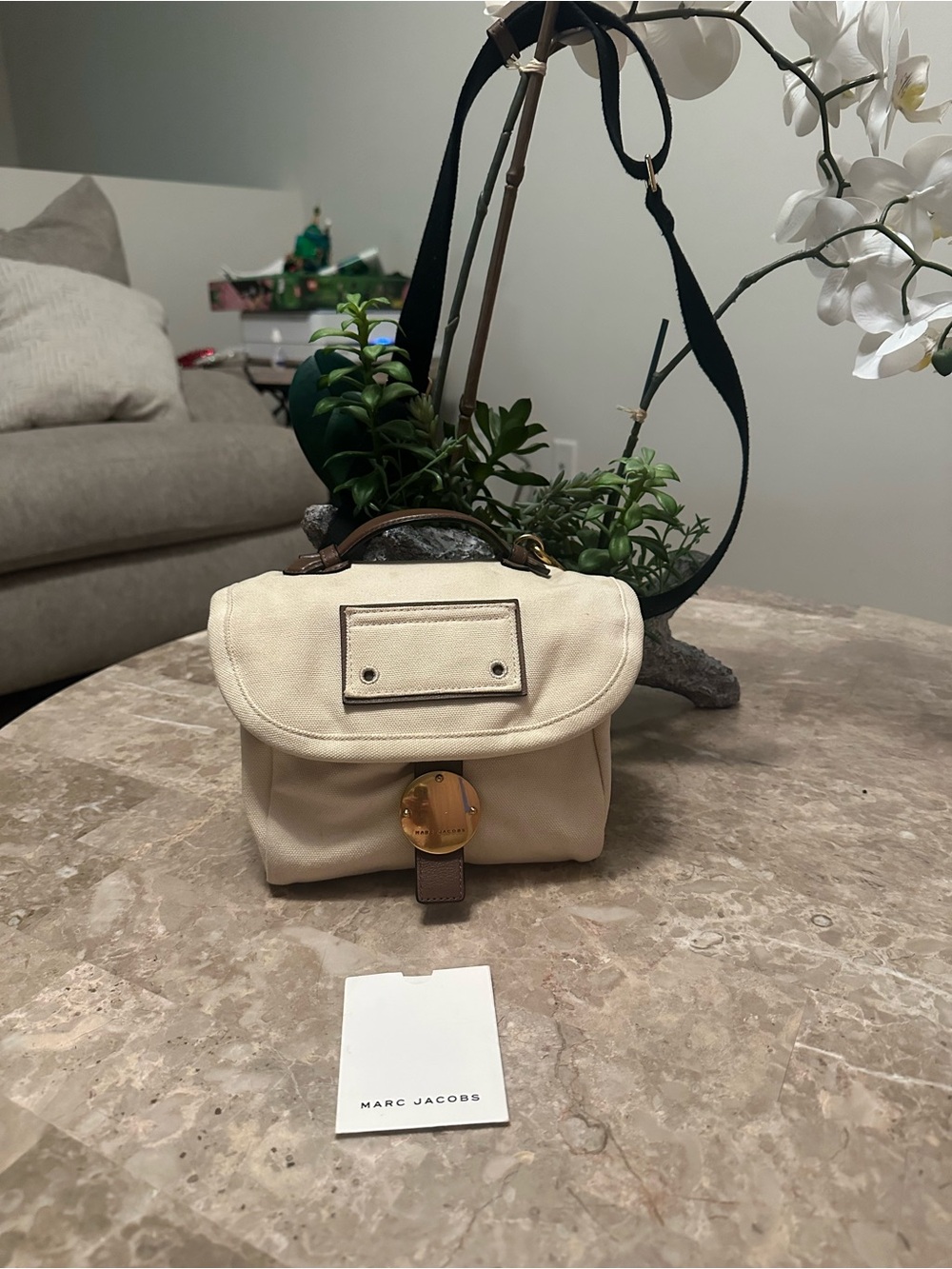 Marc Jacobs Cream and Brown Crossbody Bag with Gold Hardware